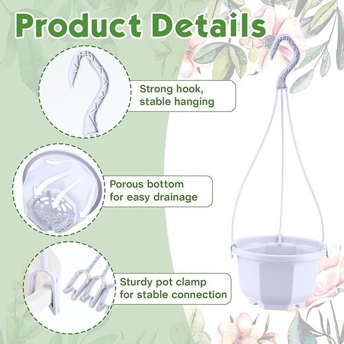 Roshtia 24 Pcs Hanging Plastic Planter Pot with Hook Flower Pots Baskets Hanging Nursery Planter Holder for Outdoor Indoor Plant Garden(Ceramic White,6 Inch)