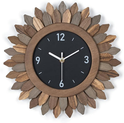 Honiway Wall Clock Battery Operated 12 in Rustic Wood Boho Sunburst Decorative by Honiway