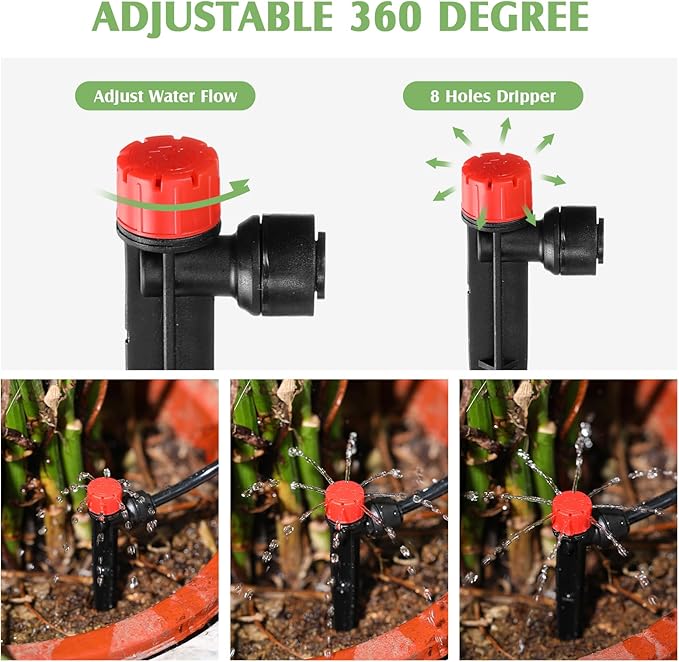 100 Pcs Drip Irrigation Emitters for 1/4'' Irrigation Tubing Adjustable Water Flow Drip Emitters with Stake Drip Irrigation System Irrigation Drippers with 360 Degree Sprayer for Garden Patio