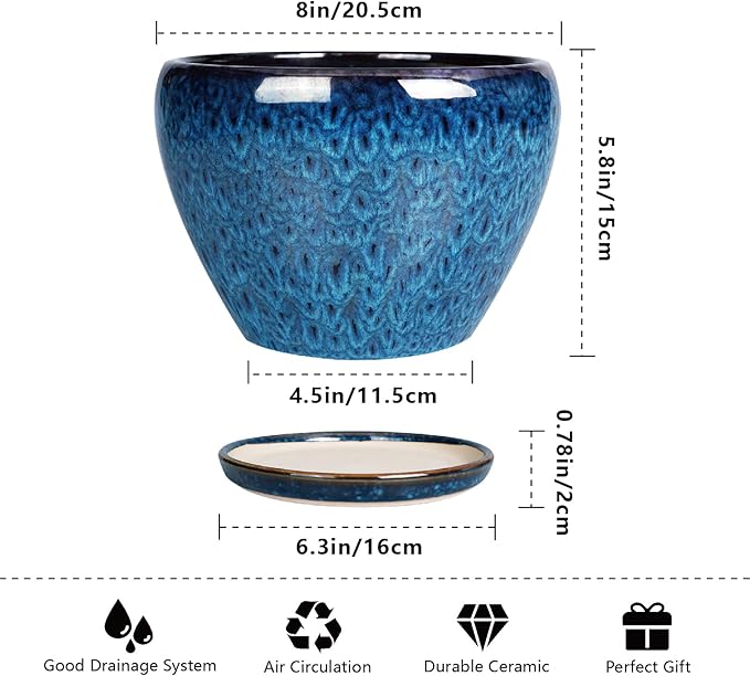 8 Inch Ceramic Plant Pot, Ceramic Planter Pot for Indoor Outdoor Plants, Round Flower Pot with Drainage Hole and Saucer, Blue