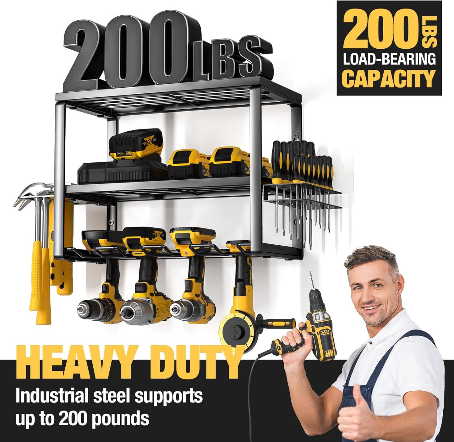 YYR Heavy Duty Power Tool Organizer Wall Mount, Cordless Drill Hanger Storage Rack, Battery Tools Holder with Charging Station Shelf for Garage Organization, Workshop, Pegboard, Shed - 16 Inch 4 Slots