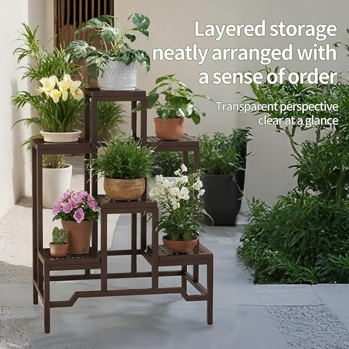 Plant Stand - Aluminum Indoor/Outdoor Flower Rack, Waterproof & Rust-Proof, Stable Support for Pots, Perfect for Living Room, Balcony, Garden, and Office (Brown, 6 Tier)