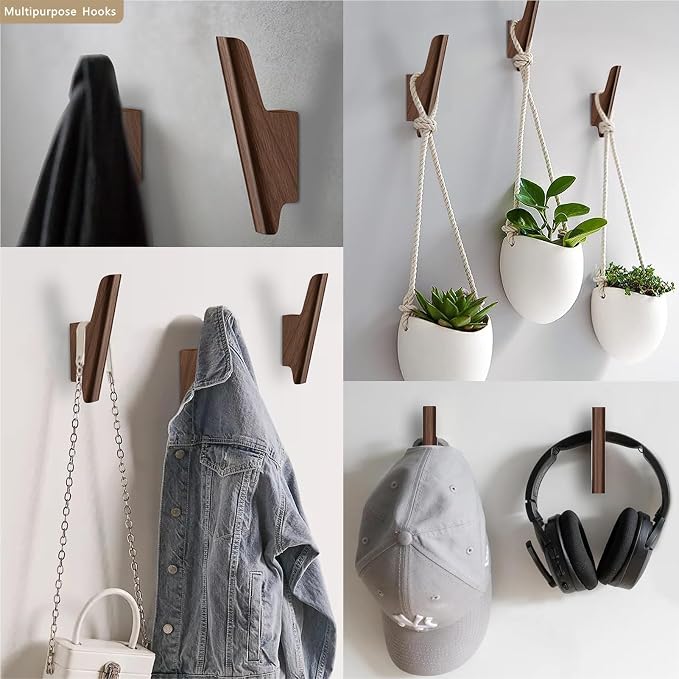 Wood Wall Hooks 4 Pack Coat Hooks Wall Mount Walnut Wooden Hooks - Image 5