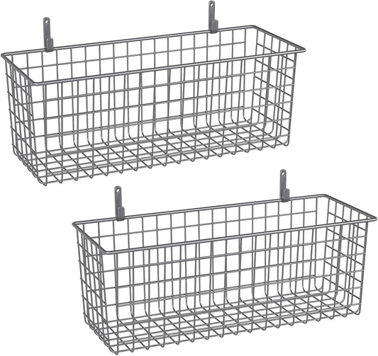 2 Sets Extra Large Hanging Wall Basket, Grey Metal Wire Baskets with Steel Hooks for Organizing, WallmountedFruit Vegetable Toy Snack Storage, Home Kitchen Bathroom Laundry Pantry Organizer