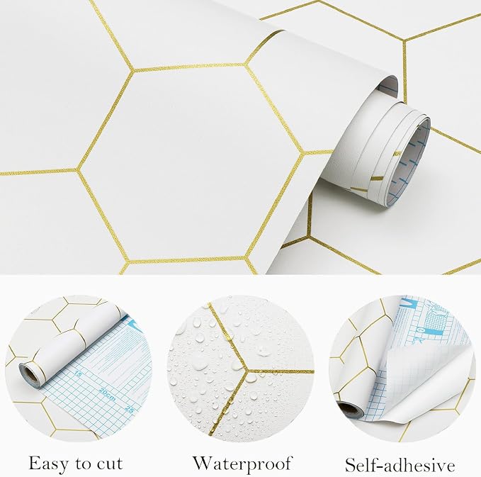 Hexagonal Wallpaper Geometric Peel and Stick Wallpaper 17.3”×197”Gold and White - Image 6