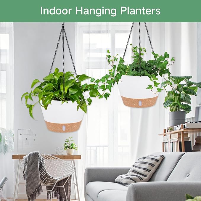 QCQHDU 2 Pack 8 inch Hanging Planters for Indoor Plants, Outdoor Hanging Baskets, Self Watering Pots with Drainage Holes & Removable Tray (White, 8 inch)