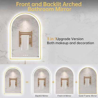24"x36" Arched LED Mirror for Bathroom, Brushed Gold Lighted Bathroom Mirror - Image 5