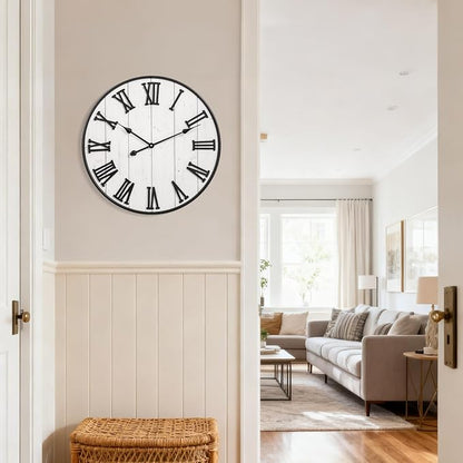 Large Rustic Wooden Wall Clock, 24 Inch Whitewashed Farmhouse Wall Clock - Image 4