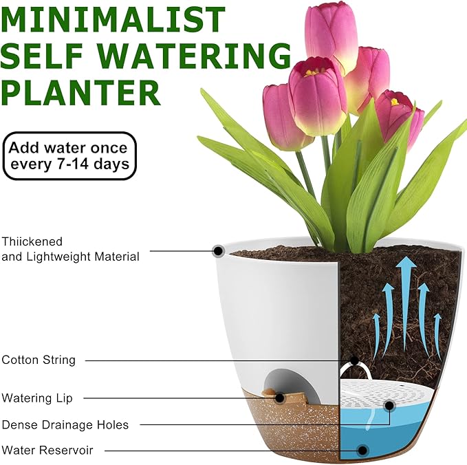 Plant Pots 12/10/9 Inch Self Watering Pots, Set of 3 Plastic Planters with Drainage Holes and Saucers,Plastic Flower Pots,Nursery Planting Pot for Indoor Out Door Plants(White)