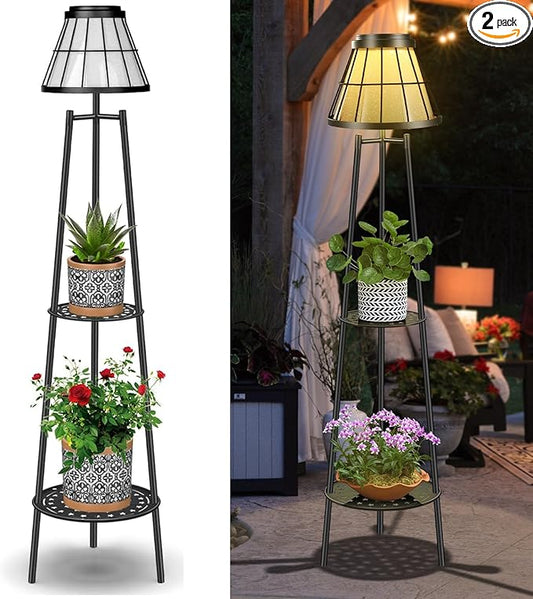 2 Pack Solar Lights Outdoor with Plant Stands, Solar Floor Lamp Metal Tripod Patio Lights for Garden Yard Pathway Driveway Front/Back Porch Decoration