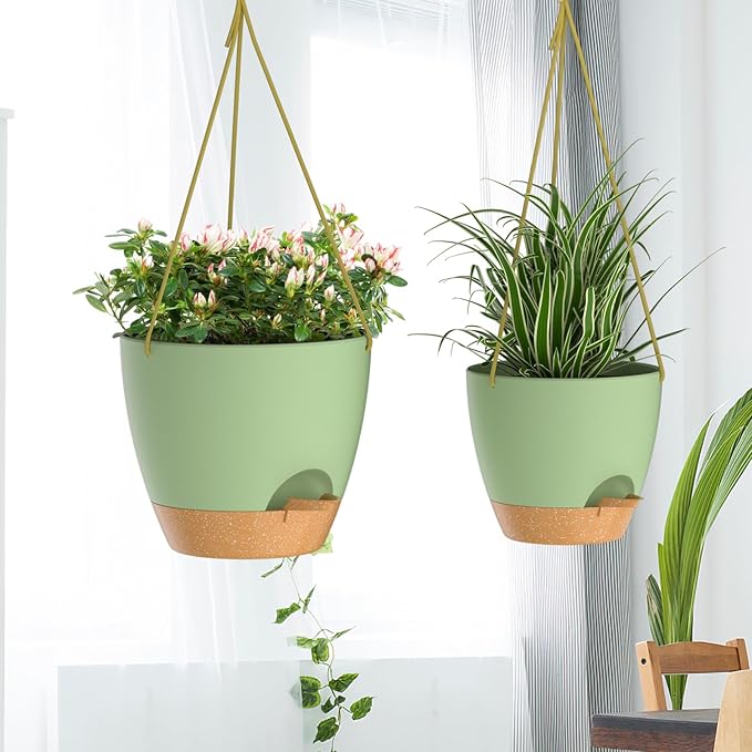 ZMTECH 10 Inch Hanging Planters for Indoor Outdoor Plants, 2 Pack Self Watering Hanging Plant Pots with Drainage Holes and Removable Saucer, Plastic Flower Hanging Pots with Watering Lip (Green)