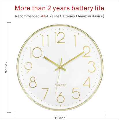 Foxtop Gold Wall Clock 12 Inch Silent Non-Ticking Battery Operated Round Modern - Image 2