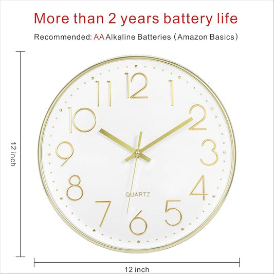 Foxtop Gold Wall Clock 12 Inch Silent Non-Ticking Battery Operated Round Modern - Image 2