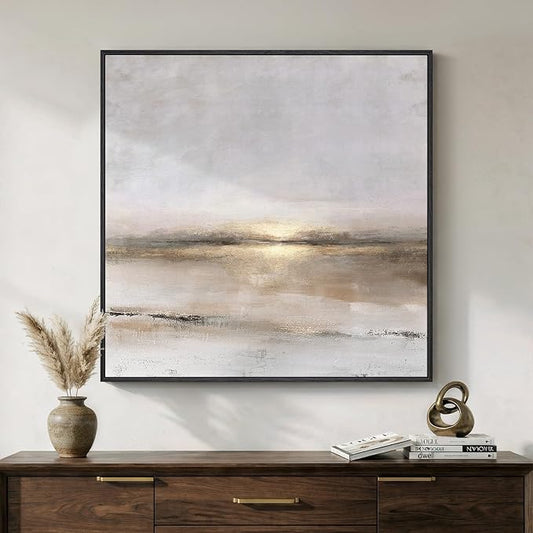 Framed Neutral Abstract Landscape Wall Art, Modern Gray Black Gold Canvas by Cuspin