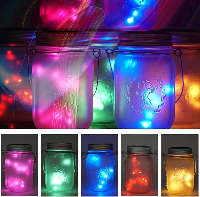 10 Pack 30 LED Solar Mason Jar Lid String Lights,Fairy Lights String Lids Lights Including 10 Pcs Hangers,for Indoor Outdoor Wedding Patio Garden Party Decorations Gift(No Jars) (5 Colors)