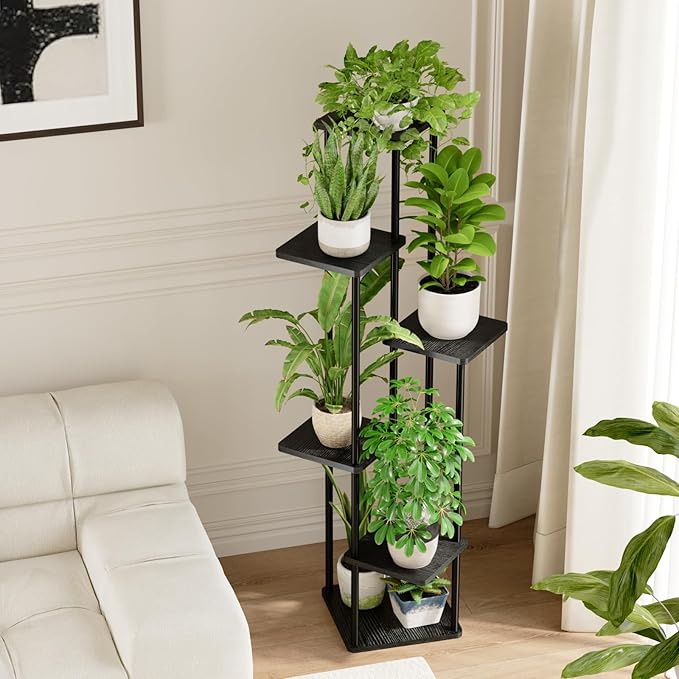 Bamworld 6 Tier Plant Stand Indoor, Tall Metal Plant Shelf for Multiple Plants, Corner Tiered Flower Stand for Patio Garden Balcony Living Room Bedroom(Black)