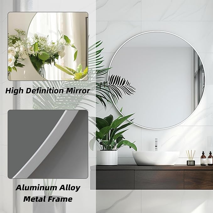 Round White Mirror, 24 Inch Circle White Mirror, Metal Frame Round Wall Mounted - Image 2