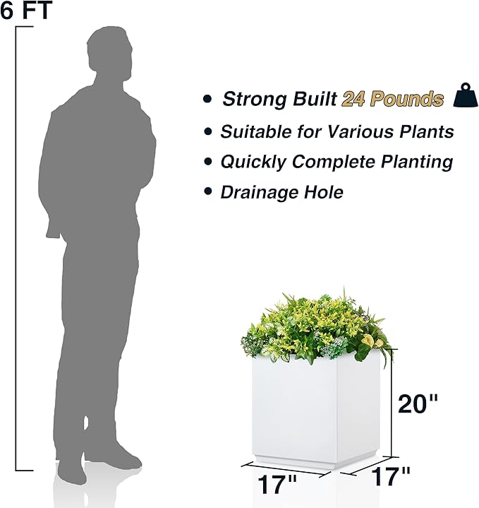 Metallic Heavy Cube Square Planter, No Assembly Required, Seamless Large Outdoor Planter, Tall Plants and Flowers 17'Lx17'Wx20'H 24lbs White