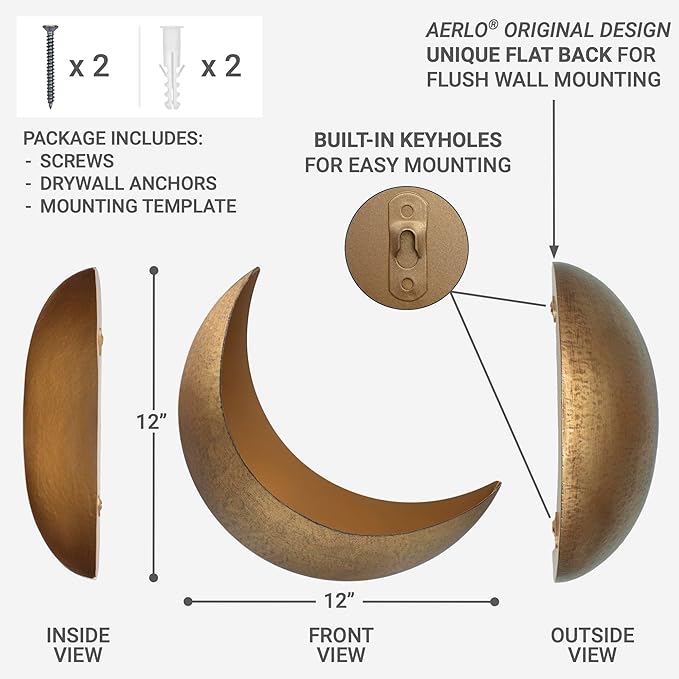 Wall Mounted Metal Moon Planter - Hanging Crescent Pot for Succulents, Air Plants, Cacti - Boho Indoor Outdoor Moon Wall Decor for Bedroom, Bathroom, Living Room, Nursery - Rustic Gold