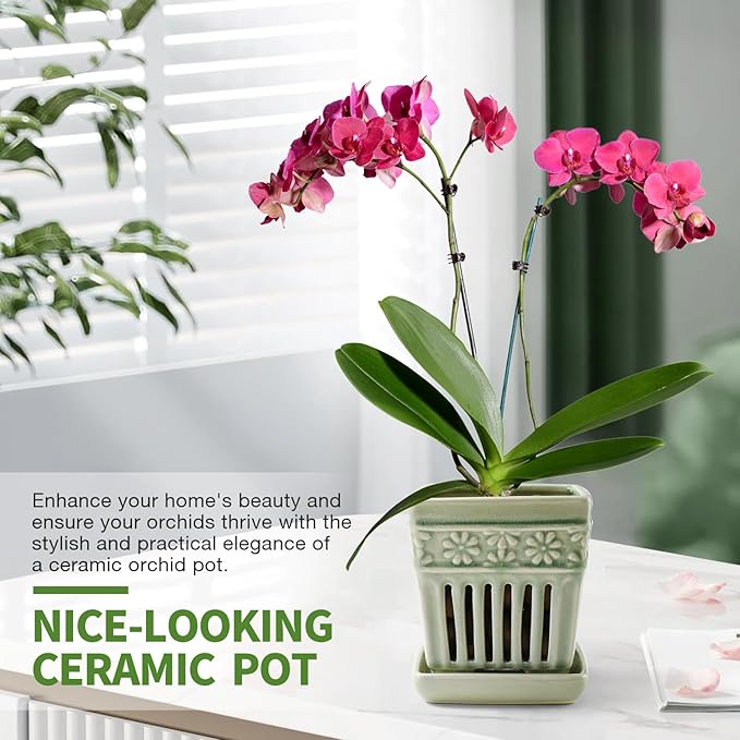 Orchid Pots with Holes | 5" Ceramic Orchid Planter with Separate Saucer and Drainage Holes | Glazed Pottery Small Flower Pot for Repotting Orchids(Green)