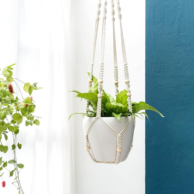 Mkono 43 Inch Macrame Plant Hanger Large for up to 12 Inch Pot Extra Long Hanging Plant Holder No Tassels Hanging Planter Basket with Wood Beads for Indoor Outdoor Boho Home Decor, Ivory, Set of 2