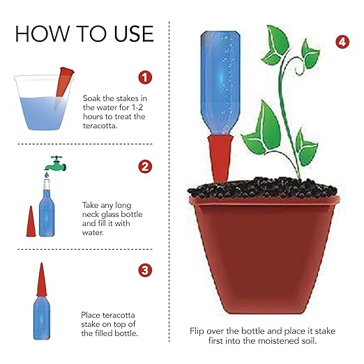 Plant Self-Watering Stakes for Indoor Outdoor Plants (4 Count) Terracotta Plant Watering Spikes for Recycled Wine Bottles to Water Plant at Home or on Vacation - Automatic Irrigation System for Plants