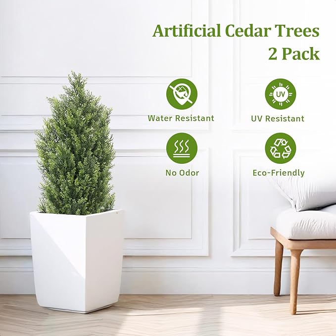 THE BLOOM TIMES 3ft Topiary Trees Artificial Outdoor 2 Pack – UV Resistant Faux Cedar Pine Cypress Bushes and Shrubs, Fake Potted Plants for Front Porch Outside Planter Patio Decor, Set of 2 (3 Foot)