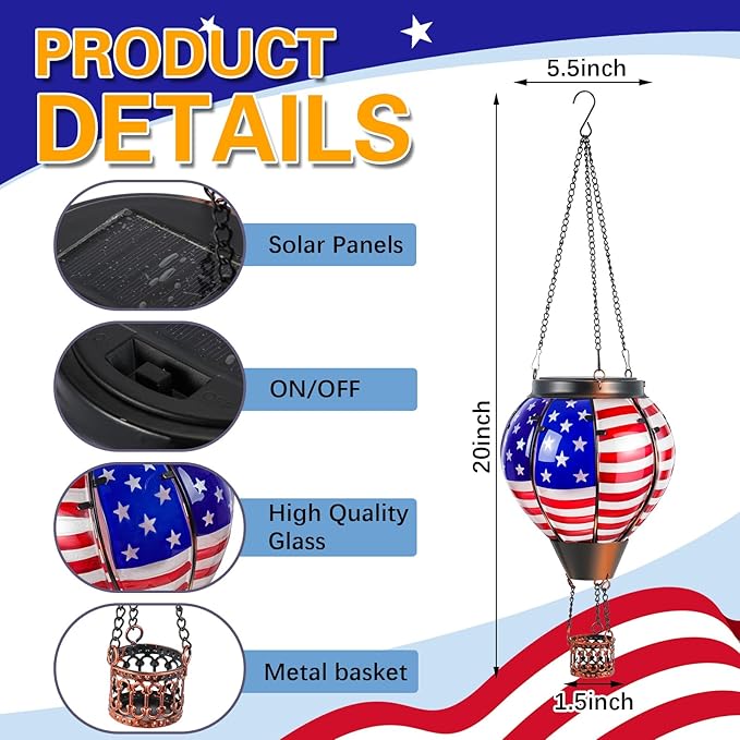 2 Pcs 20 Inch Flag Hot Air Balloon Hanging Solar Lantern Outdoor Garden Decor Waterproof Hot Air Balloon Flame Lantern for Lawn Porch Yard