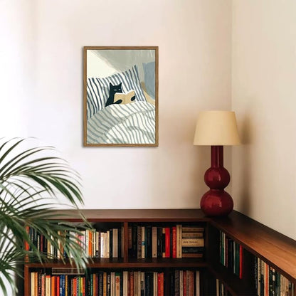 Funny Black Cat Wall Art Painting, Whimsical Cat in Stripe Bed Reading Wall - Image 4