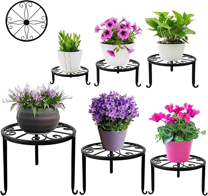 6-Pack Metal Plant Stand,Heavy Duty Flower Pot Stands for Multiple Plant,Outdoor Anti-Rust Plant Pot Shelf, Round Plant Holder for Outdoor/Indoor Planter, Living Room, Balcony Decor (6PACK BLACK)
