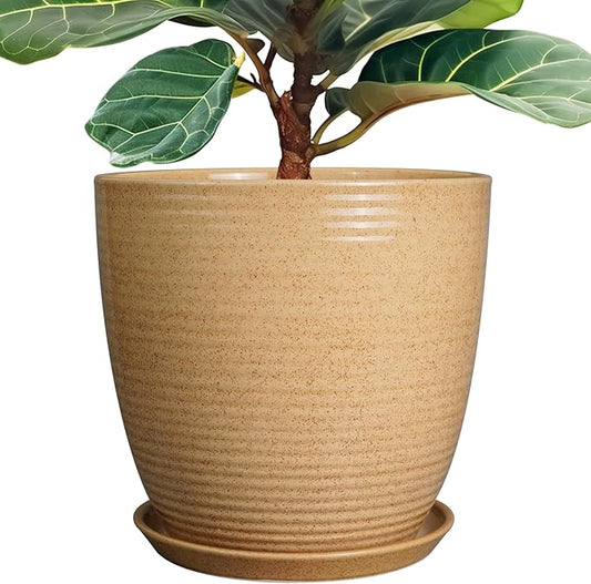 Ceramic Plant Pot 12 Inch - Large Planter for Indoor Plants Outdoor Flower Pot with Drainage Hole and Saucer Round Decorative Planter for Home Patio Garden Balcony Yellow