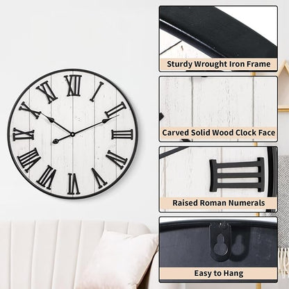 Large Rustic Wooden Wall Clock, 24 Inch Whitewashed Farmhouse Wall Clock - Image 5