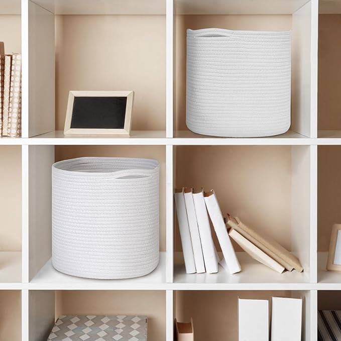 Cotton Rope Plant Basket, Woven Basket Planter for 10 inch Pot, Round Indoor Tree Pot Cover, Small Storage Bin Organizer, Basket for Plants and Home Decor, 11”X11”, White