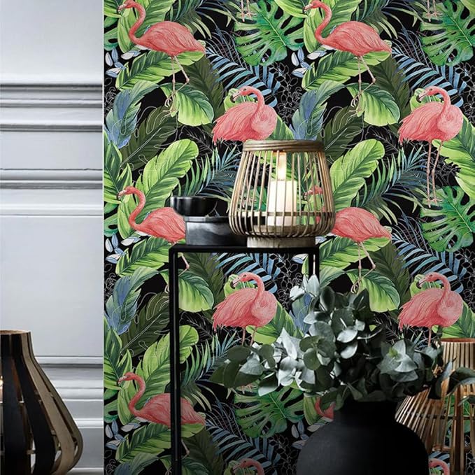 Hawaii Tropical Flamingo Palm Tree Peel and Stick Wallpaper Self Adhesive Removable Easy Peel Off Stick on Wall Paper for Bedroom Cabinet Renter