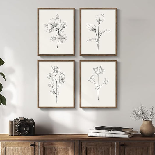 Vintage Floral Wall Art with Walnut Framed, 4 Piece Farmhouse Black and White by Cuspin