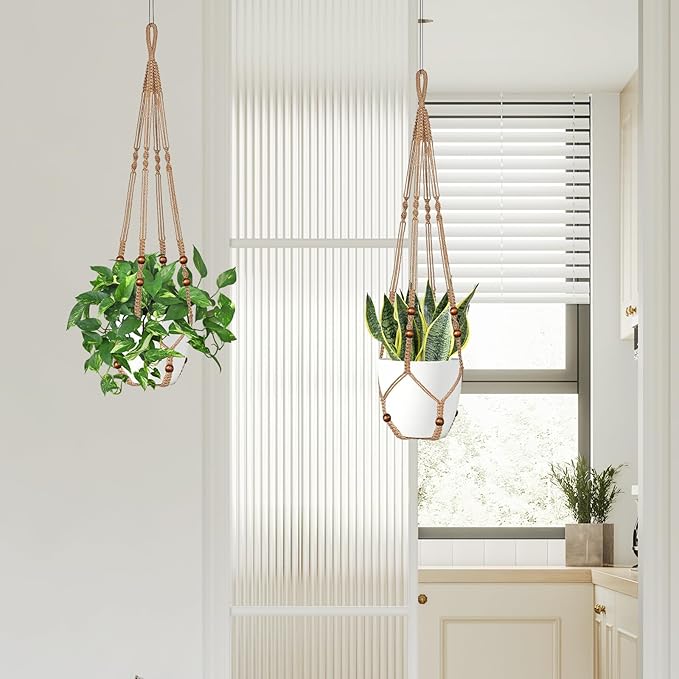 Jute Macrame Plant Hanger Indoor Set of 2 Hanging Planter Basket Flower Pot Holder with Decorative Wood Beads & No Tassels for Indoor Outdoor Boho Home Decor, 35 Inch Brown (Pots Not Included)