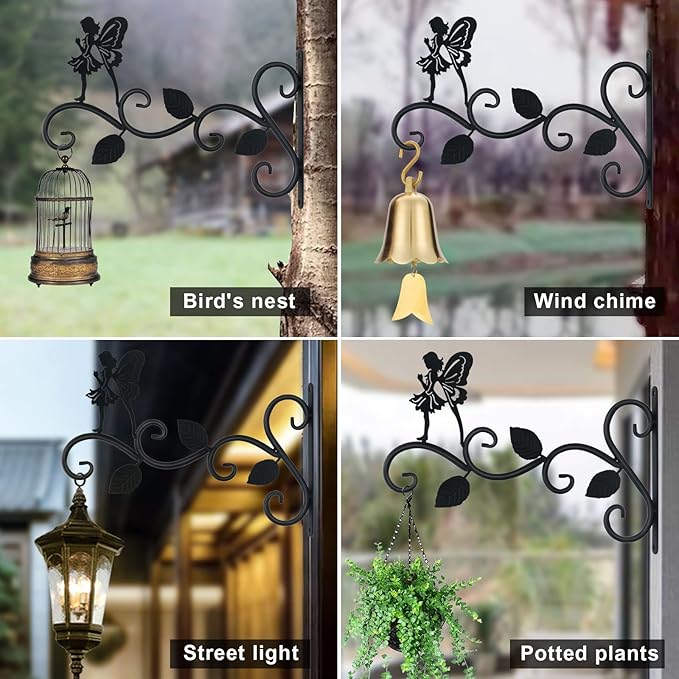 Hanging Plants Bracket 12" Angel Planter Outdoor Hooks Hangers for Flower Baskets Pot Bird Feeder Wind Chimes Lanterns Patio Garden Outdoor Indoor Metal Black, 2 Pack