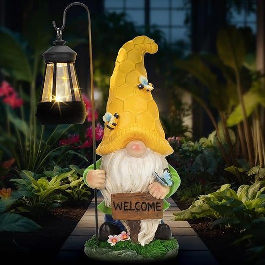 12.6'' Solar Garden Gnomes Outdoor Statues with Lantern, Welcome Gnome Garden Outdoor Decor Gift Waterproof Decoration for Patio, Balcony, Yard Ornament - Unique Housewarming Gifts