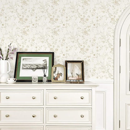 Ismoon Peel and Stick Wallpaper Floral Vintage Stick on Wall Paper Beige French - Image 7