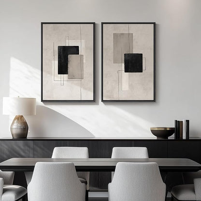 Framed Neutral Abstract Wall Art Set of 2, Minimalist Block Lines Pictures - Image 4