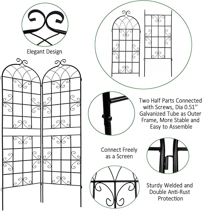 2 Pack Metal Garden Trellis 86.7" H Garden Fence Rustproof Trellis for Climbing Plants Support Roses Flower Outdoor Lawn, Black 7.2 FT Tall