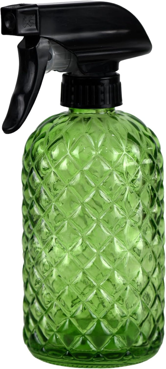 12Oz Glass Plant Spray Bottle, Gem Pattern Glass Sprayer, Watering Can with Black Plastic Top Pump, Handheld Watering Can for Indoor Outdoor Potted Plants and Greenery (Green)