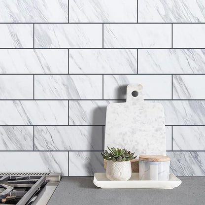AULIGET 6" x 12" White Marble Peel and Stick Backsplash Wall Tiles, PVC Faux - Image 4