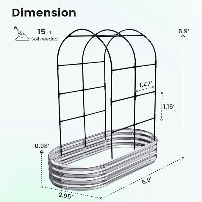 KING BIRD Raised Garden Bed with Arched Trellis Galvanized Planter Garden Box Outdoor for Gardening, Climbing Vegetables, Flowers 5.9x2.95x0.98 Ft, Silver