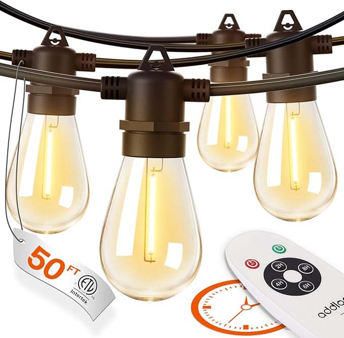 addlon 50FT LED Outdoor String Lights Timer Control with Edison Shatterproof Bulbs, Weatherproof Strand, Commercial Grade Patio Lights, Decorative for Garden or Patio, Black