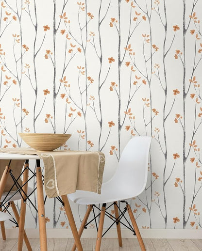 Timeet Peel and Stick Wallpaper White and Orange Floral Wallpaper Boho Leaf - Image 6