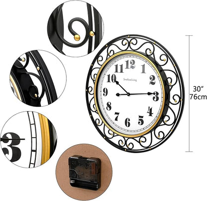 SwallowLiving 30 Inch Vintage Iron Large Black Metal Frame Wall Clock Silent - Image 3