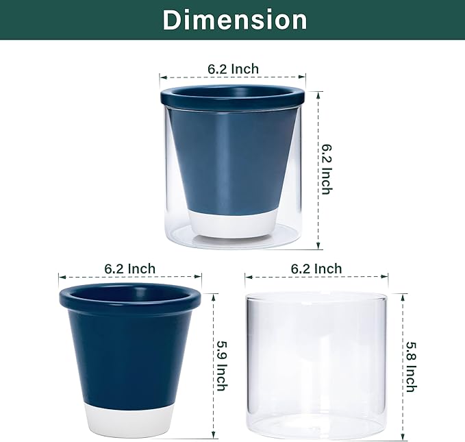 D'vine Dev 6 Inch Design Self Watering Planter for Indoor Plants, Blue Terracotta Pot with Cylinder Glass Cup, Set of 2, 37-Y-B-4