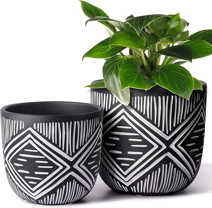 6 Inch Boho Planter Pots with Drainage Holes, 2 Pcs Terracotta Pots, Ceramic Plant Pots for Indoor Plants, Ferns, Vines, Succulents, and Outdoor Plants Growing, Gift for Plant Lovers（Black）