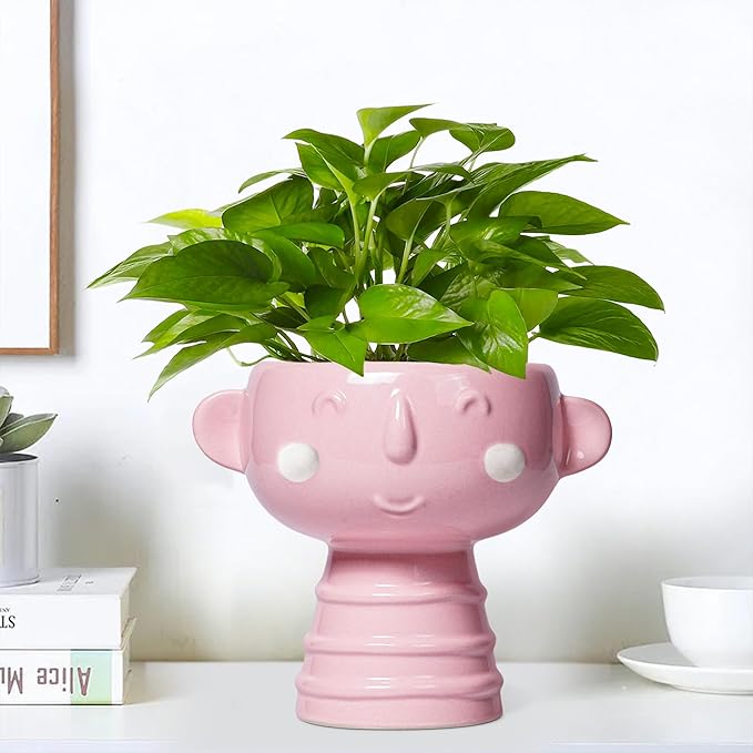 Smiley Face Planter - 7 Inch Ceramic Head Planter for Indoor Outdoor Plants, Cute Succulent Pots with Drainage Hole, Decorative Flower Pots, Home Room Desk Decor, Birthday Gifts, Bright Pink